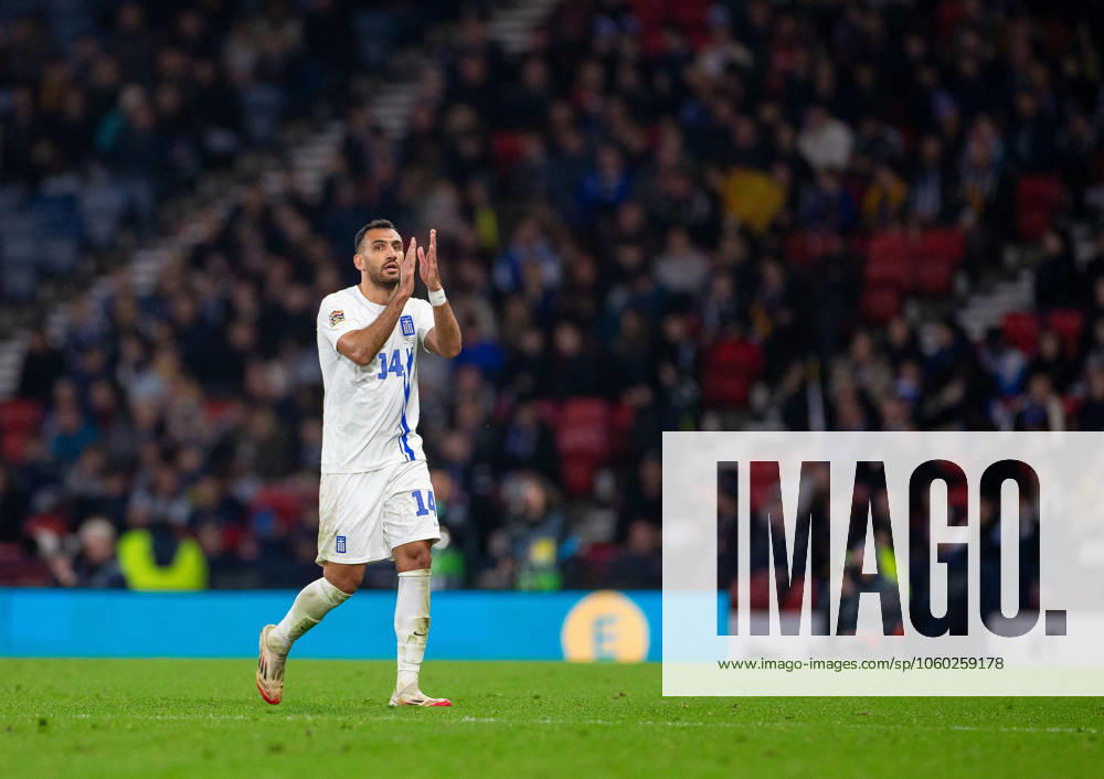 23rd March 2025; Hampden Park, Glasgow, Scotland; UEFA Nations League Play Offs International Football, Second Leg, Scotland versus Greece; Vangelis Pavlidis of Greece applauds the fans as he leaves the field ActionPlus12766523 VagelisxGeorgariou Content restricted for UK based newspaper