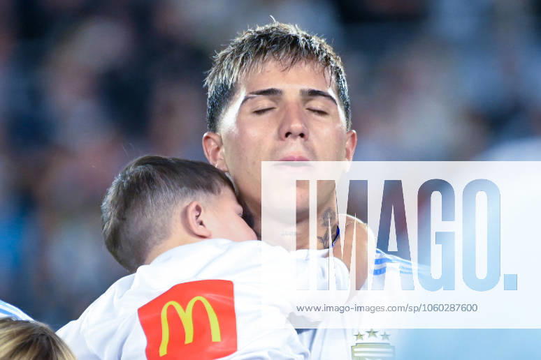 Argentina v Brazil - FIFA World Cup, WM, Weltmeisterschaft, Fussball 2026 Qualifier The player from Argentina, Enzo Fernandez, becomes emotional while the Argentine national anthem plays in the stadium during a South American qualifier match for the 2026 FIFA World Cup between Argentina and Brazil at the Mas Monumental stadium in Buenos Aires, Argentina, on March 25, 2025. Ciudad Autonoma de Buenos Aires Argentina