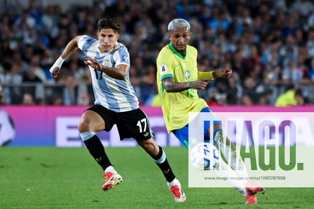 Argentina v Brazil - FIFA World Cup, WM, Weltmeisterschaft, Fussball 2026 Qualifier The player from Argentina, Giulano Simeone, and the player from Brazil, Wesley, fight for the ball during a South American qualifier match for the 2026 FIFA World Cup between Argentina and Brazil at the Mas Monumental stadium in Buenos Aires, Argentina, on March 25, 2025. Ciudad Autonoma de Buenos Aires Argentina