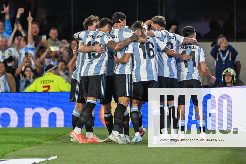 Argentina v Brazil - FIFA World Cup, WM, Weltmeisterschaft, Fussball 2026 Qualifier Julian Alvarez of Argentina celebrates with teammates after scoring a goal during a South American qualifier match for the 2026 FIFA World Cup between Argentina and Brazil at the Mas Monumental stadium in Buenos Aires, Argentina, on March 25, 2025. Ciudad Autonoma de Buenos Aires Argentina