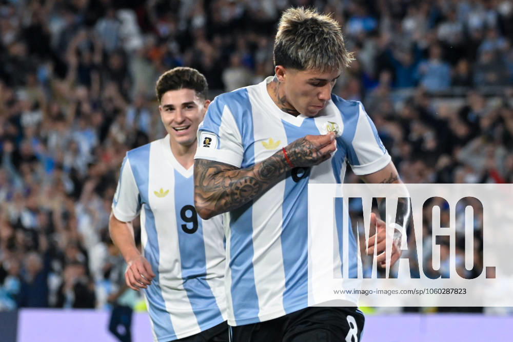 Argentina v Brazil - FIFA World Cup, WM, Weltmeisterschaft, Fussball 2026 Qualifier The player from Argentina, Enzo Fernandez, celebrates a goal during a South American qualifier match for the 2026 FIFA World Cup between Argentina and Brazil at the Mas Monumental stadium in Buenos Aires, Argentina, on March 25, 2025. Ciudad Autonoma de Buenos Aires Argentina