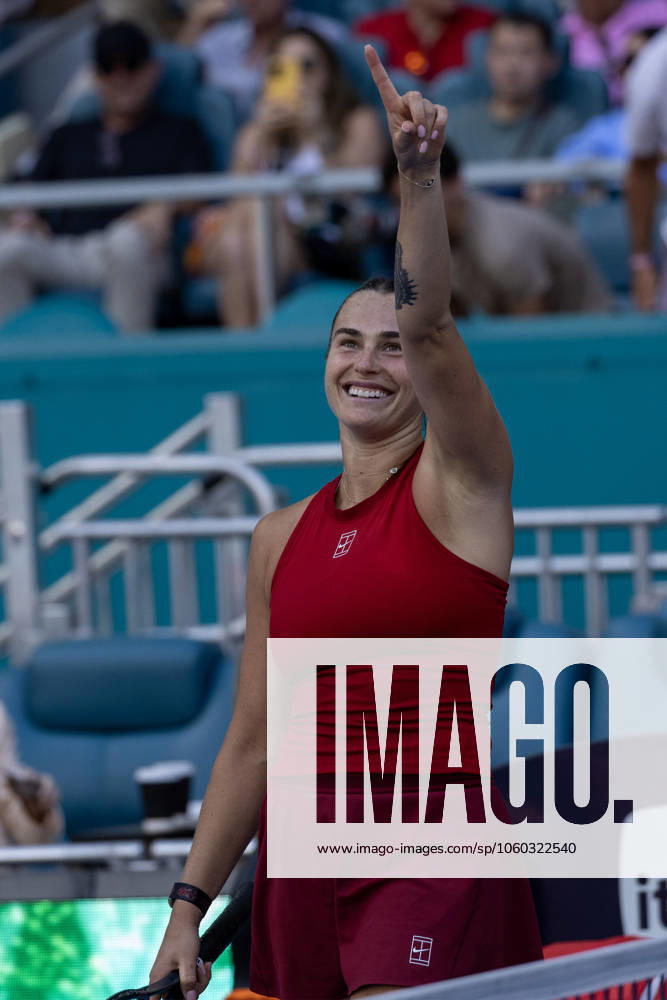 Aryna Sabalenka of Belarus reacts after defeating Jasmine Paolini of Italy in the first semifinal match on the stadium court at the Miami Open in the Hard Rock Stadium in Miami Gardens, Florida, on Thursday, March 27, 2025. Sabalenka defeated Paolini 6-2, 6-2. MIA20250327123 GARYxIxROTHSTEIN