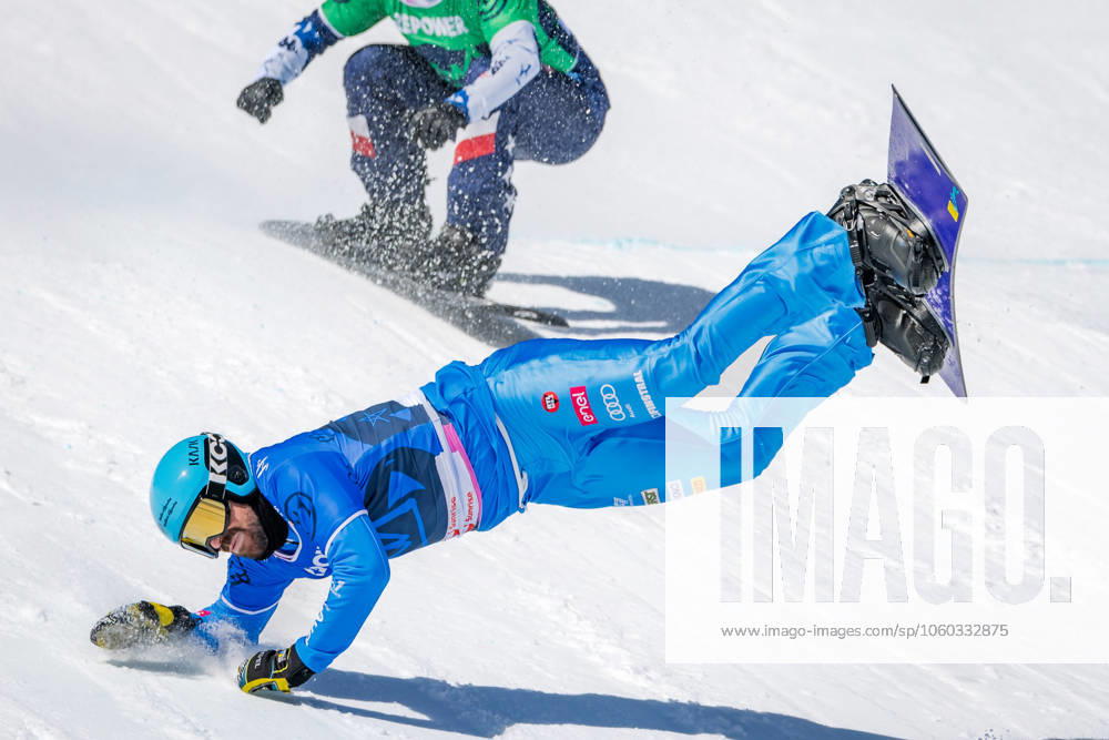 KW13 FREE STYLE, SNOWBOARD - FIS SX and SB WC Engadin 2025 SANKT MORITZ,SWITZERLAND,28.MAR.25 - SNOWBOARD - FIS Freestyle Ski and Snowboard World Championships, Snowboard Cross, ladies, men. Image shows Lorenzo Sommariva (ITA). Keywords: crash. GEPAxpictures xMatthiasxTrinkl