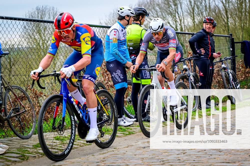 Danish Mads Pedersen of Lidl-Trek and Dutch Mathieu van der Poel of Alpecin-Deceuninck pictured in action during the E3 Saxo Bank Classic one day cycling race, 208,8 km from and to Harelbeke, on Friday 28 March 2025. DIRKxWAEM x116533114x