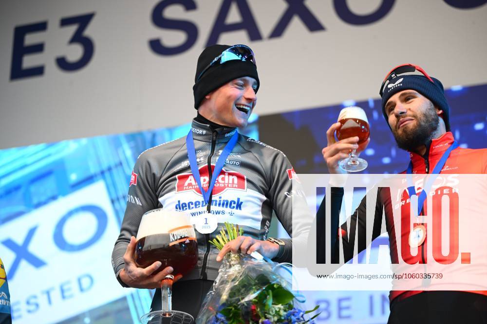 E3 Saxo Classic 2025 Cycling Race Harelbeke, Belgium - March 28 : Van Der Poel Mathieu (NED) of Alpecin - Deceuninck, Ganna Filippo (ITA) of Ineos Grenadiers on the podium during the Men Elite UCI World Tour 68th E3 Saxo Classic cycling race of 208 kms with start in Harelbeke and finish in Harelbeke on March 28, 2025 in Harelbeke, Belgium, 28 03 2025 ( Motordriver Kenny Verfaillie - Harelbeke Belgium