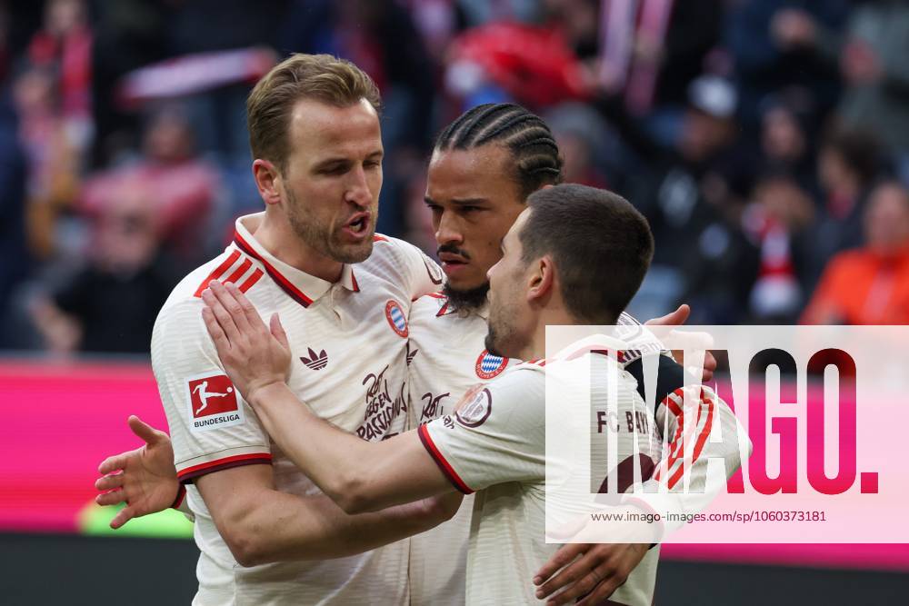 Goal celebration by Leroy Sane 10 FC Bayern Muenchen to 3 1, Harry Kane 9 FC Bayern Muenchen , FC Bayern Muenchen vs FC Sankt Pauli, Football, Bundesliga, DFL, Saison 2024 2025, Rueckrunde, 27 Spieltag, 29 03 2025 DFB regulations prohibit any use of photographs as image sequences and or quasi video Muenchen Bayern Germany