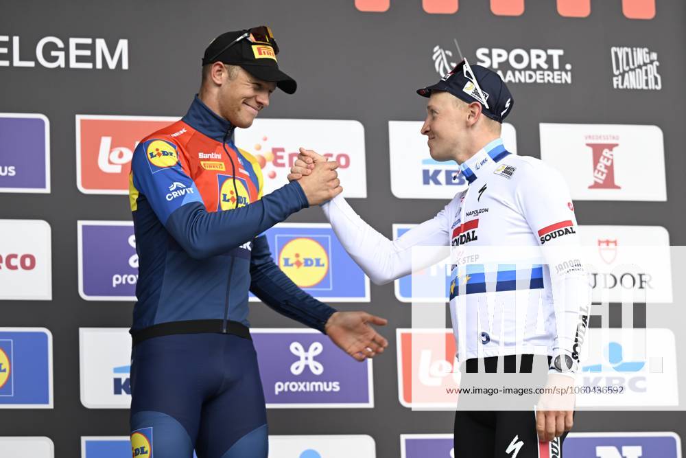Gent - Wevelgem in Flanders Fields 2025 WEVELGEM, BELGIUM - MARCH 30 : Milan Jonathan (ITA) of Lidl - Trek, Merlier Tim (BEL) of Soudal Quick-Step on the podium pictured during 87th edition of the UCI World Tour Gent - Wevelgem in Flanders Fields cycling race for Men Elite with start in Ieper and finish in Wevelgem after 250 km on March 30, 2025 in Wevelgem, Belgium, 30 03 2025 Wevelgem Belgium