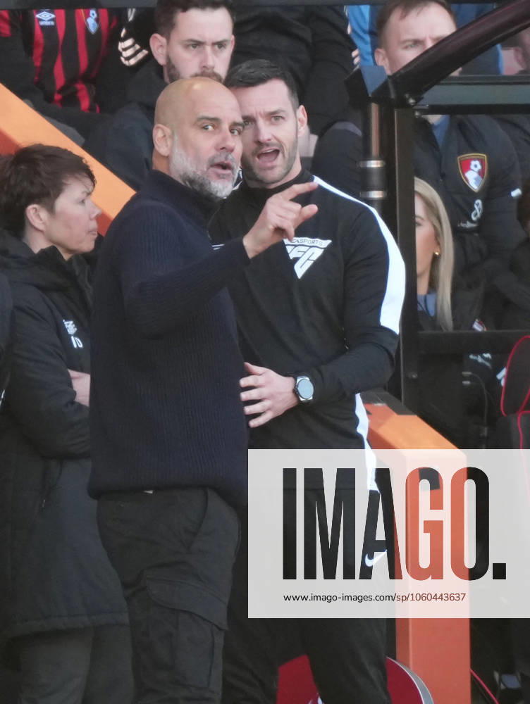 Bournemouth v Manchester City, FA Cup quarter-finals, Football, Vitality Stadium, Bournemouth, UK - 30 Mar 2025 Josep Guardiola manager of Manchester City argues with fourth official Andrew Madley. Bournemouth Vitality Stadium Bournemouth GBR, UK NEWSPAPERS OUT