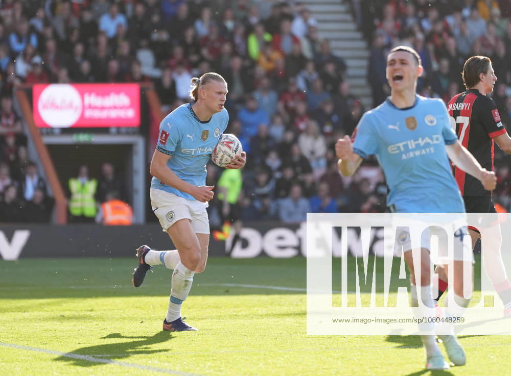 Bournemouth v Manchester City, FA Cup quarter-finals, Football, Vitality Stadium, Bournemouth, UK - 30 Mar 2025 GOAL 1-1. Erling Haaland of Manchester City celebrates after scoring the equaliser. Bournemouth Vitality Stadium Bournemouth GBR, UK NEWSPAPERS OUT