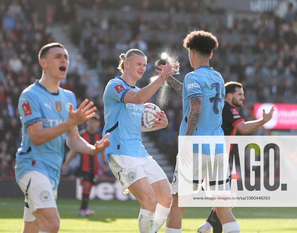 Bournemouth v Manchester City, FA Cup quarter-finals, Football, Vitality Stadium, Bournemouth, UK - 30 Mar 2025 GOAL 1-1. Erling Haaland of Manchester City celebrates with Nico O Reilly of Manchester City after scoring the equaliser. Bournemouth Vitality Stadium Bournemouth GBR, UK NEWSPAPERS OUT