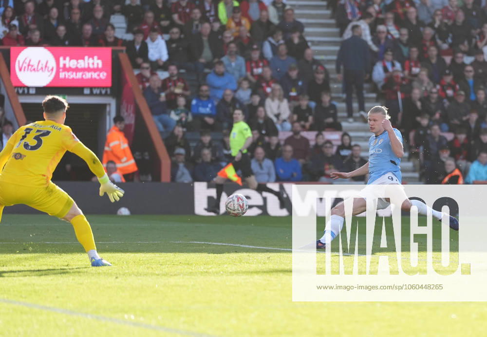 Bournemouth v Manchester City, FA Cup quarter-finals, Football, Vitality Stadium, Bournemouth, UK - 30 Mar 2025 GOAL 1-1. Erling Haaland of Manchester City scores the equaliser. Bournemouth Vitality Stadium Bournemouth GBR, UK NEWSPAPERS OUT