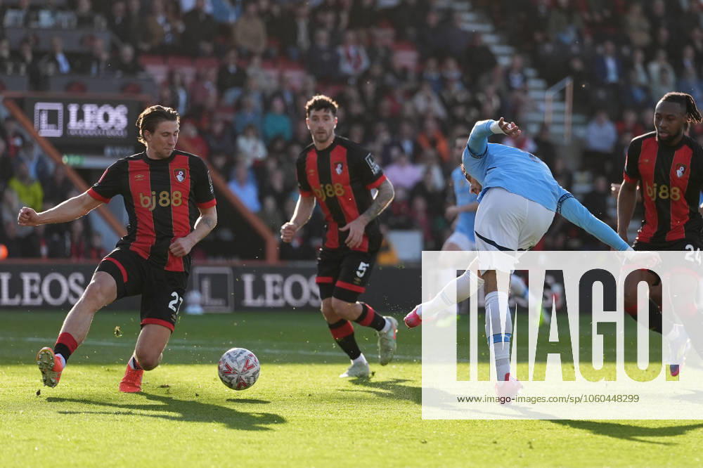 Bournemouth v Manchester City, FA Cup quarter-finals, Football, Vitality Stadium, Bournemouth, UK - 30 Mar 2025 GOAL 1-2. Omar Marmoush of Manchester City scores the second goal for City. Bournemouth Vitality Stadium Bournemouth GBR, UK NEWSPAPERS OUT