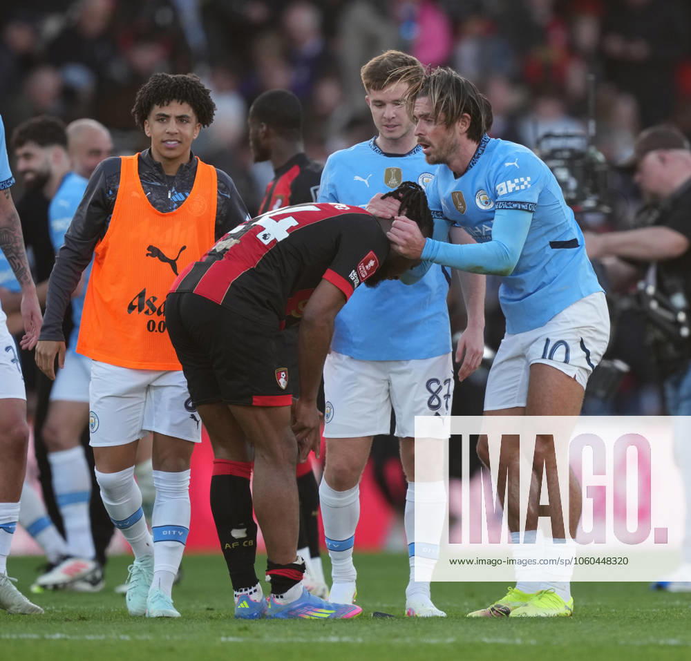 Bournemouth v Manchester City, FA Cup quarter-finals, Football, Vitality Stadium, Bournemouth, UK - 30 Mar 2025 Jack Grealish of Manchester City offers commiserations to Antoine Semenyo of Bournemouth. Bournemouth Vitality Stadium Bournemouth GBR, UK NEWSPAPERS OUT