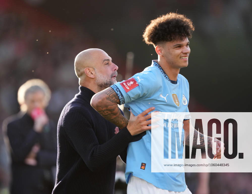 Bournemouth v Manchester City, FA Cup quarter-finals, Football, Vitality Stadium, Bournemouth, UK - 30 Mar 2025 Josep Guardiola manager of Manchester City pushes Nico O Reilly of Manchester City towards the fans at the end of the game. Bournemouth Vitality Stadium Bournemouth GBR, UK NEWSPAPERS OUT