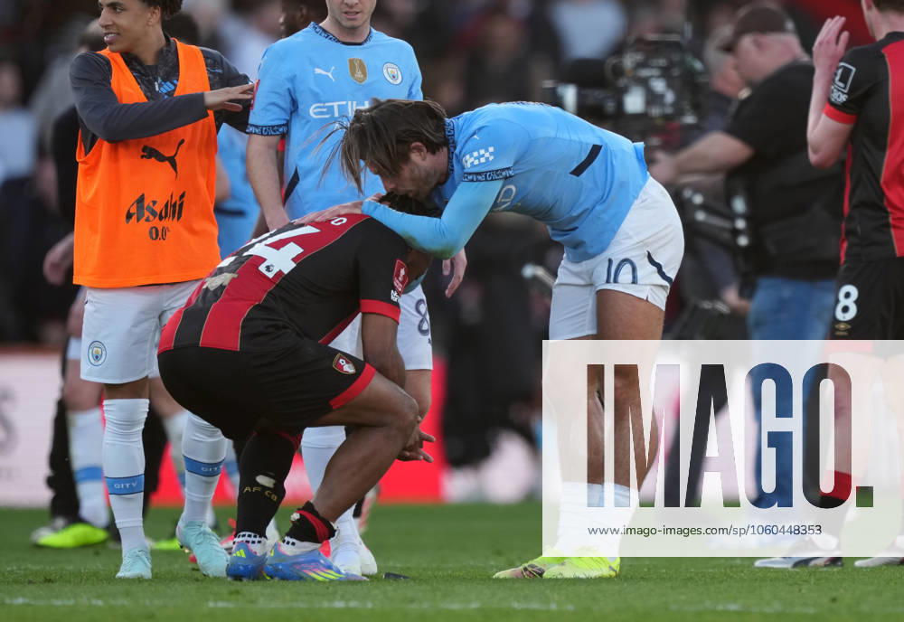 Bournemouth v Manchester City, FA Cup quarter-finals, Football, Vitality Stadium, Bournemouth, UK - 30 Mar 2025 Jack Grealish of Manchester City offers commiserations to Antoine Semenyo of Bournemouth. Bournemouth Vitality Stadium Bournemouth GBR, UK NEWSPAPERS OUT