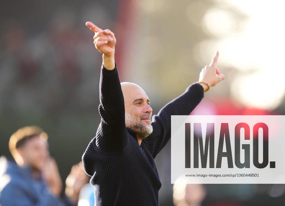 Bournemouth v Manchester City, FA Cup quarter-finals, Football, Vitality Stadium, Bournemouth, UK - 30 Mar 2025 Josep Guardiola manager of Manchester City celebrates in front of the fans after the game. Bournemouth Vitality Stadium Bournemouth GBR, UK NEWSPAPERS OUT