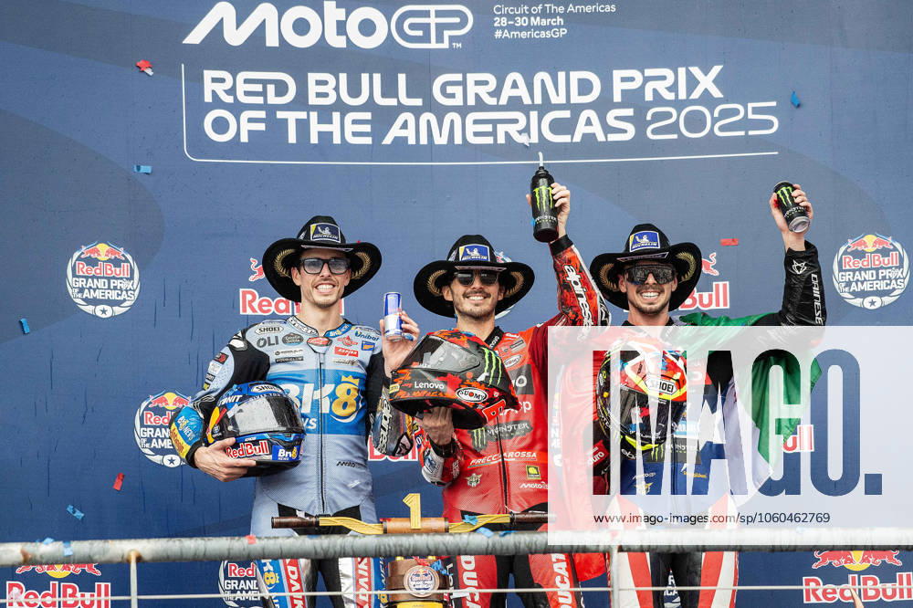KW13 MotoGP 2025: Red Bull Grand Prix Of The Americas MAR 30 March 30, 2025: Alex Marquez (73) 2nd place, Francesco Bagnaia (63) 1st place, and Fabio Di Giannantonio (49) 3rd place celebrate the MotoGP Championship at the Red Bull Grand Prix of the Americas, Circuit of The Americas. Austin, Texas. Mario Cantu CSM(Credit Image: Mario Cantu Cal Media) Austin Texas United States of America