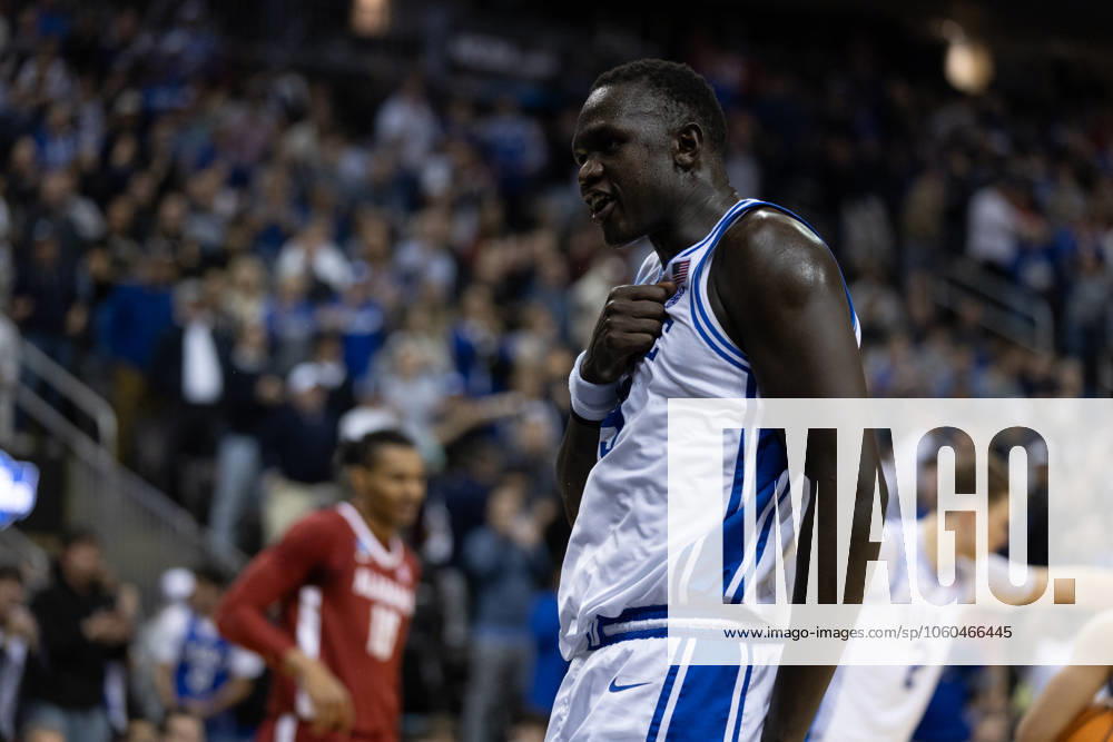 KHAMAN MALUACH 9 of the Duke Blue Devils of the Duke Blue Devils reacts during the first half against the Alabama Crimson Tide in their Elite Eight matchup at the Prudential Center. Newark USA - ZUMA 20250329_mda_l223_075