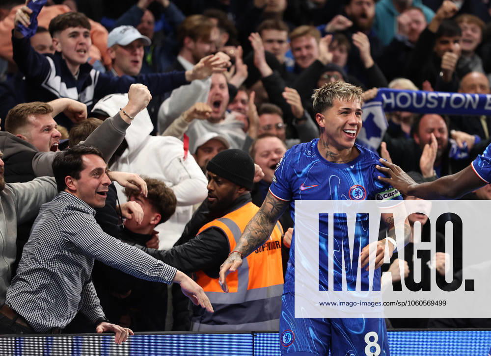 London, England, 3rd April 2025. Enzo Fernandez of Chelsea celebrates scoring his sides opening goal during the Chelsea v Tottenham Premier League match at Stamford Bridge, London. Picture credit should read: David Klein Sportimage . SPI_025_DK_Chelsea_Tottenham SPI-3792-0025