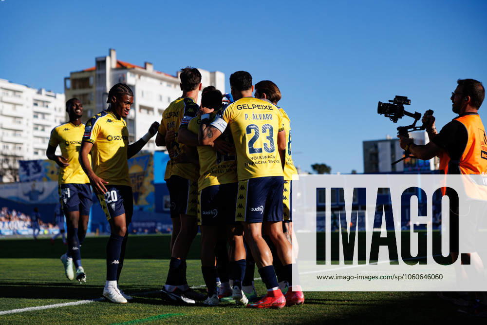 Players of Estoril seen celebrating after goal from Yanis Begraoui during Liga Portugal game between teams of GD Estoril Praia and FC Porto at Estadio Antonio Coimbra da Mota (Maciej Rogowski) Estoril Estadio Antonio Coimbra da Mota Portugal