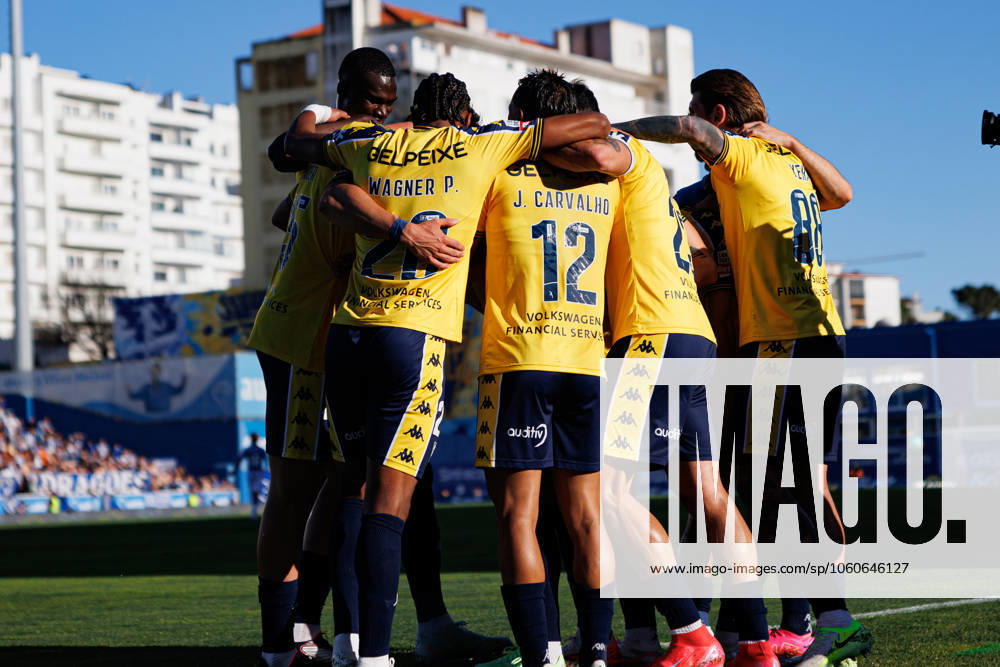 Players of Estoril seen celebrating after goal from Yanis Begraoui during Liga Portugal game between teams of GD Estoril Praia and FC Porto at Estadio Antonio Coimbra da Mota (Maciej Rogowski) Estoril Estadio Antonio Coimbra da Mota Portugal