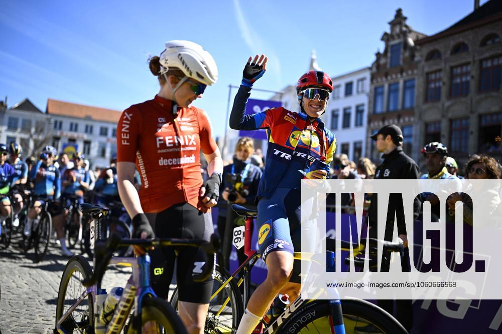 Dutch Puck Pieterse of Fenix-Deceuninck and Dutch Ellen Van Dijk of Lidl-Trek pictured at the start of the women s race of the Ronde van Vlaanderen Tour des Flandres Tour of Flanders one day cycling race, 168,8km with start and finish in Oudenaarde, Sunday 06 April 2025. JASPERxJACOBS x119590975x