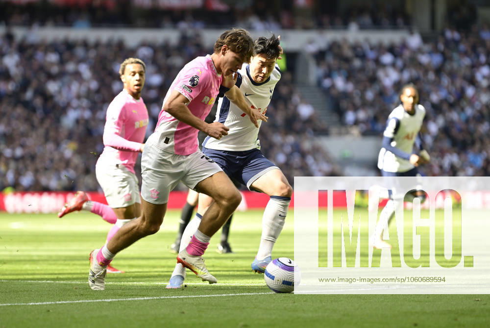 Tottenham Hotspur V Southampton, Barclays Premier league. Tyler Dibling (Southampton) and Son Heung-min (Spurs) during the Tottenham Hotspur V Southampton Barclays Premier league match at the Tottenham Hotspur Stadium, London. Tottenham Tottenham Hotspur Stadium UK