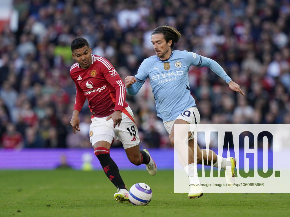 Manchester, England, 6th April 2025. Jack Grealish of Manchester City brought down by Casemiro of Manchester United, ManU during the Manchester United vs Manchester City Premier League match at Old Trafford, Manchester. Picture credit should read: Andrew Yates Sportimage . SPI_046_AY_United_City SPI-3814-0047