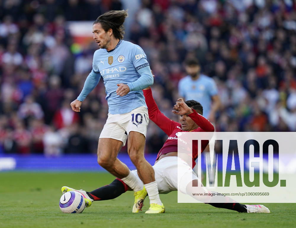 Manchester, England, 6th April 2025. Jack Grealish of Manchester City brought down by Casemiro of Manchester United, ManU during the Manchester United vs Manchester City Premier League match at Old Trafford, Manchester. Picture credit should read: Andrew Yates Sportimage . SPI_047_AY_United_City SPI-3814-0048