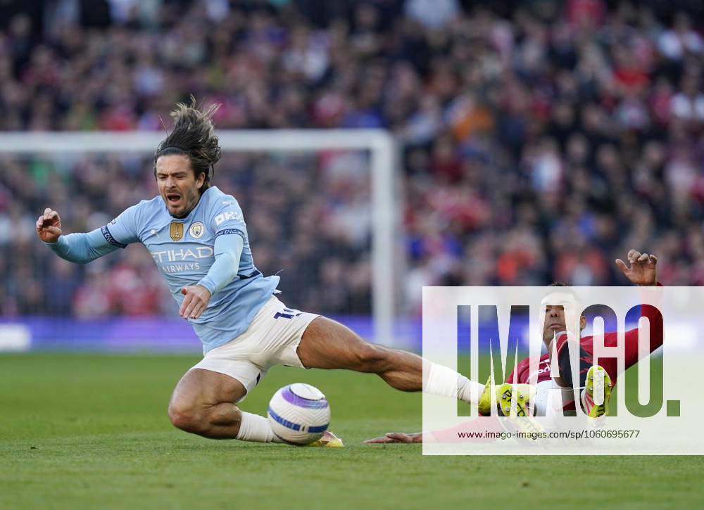 Manchester, England, 6th April 2025. Jack Grealish of Manchester City brought down by Casemiro of Manchester United, ManU during the Manchester United vs Manchester City Premier League match at Old Trafford, Manchester. Picture credit should read: Andrew Yates Sportimage . SPI_049_AY_United_City SPI-3814-0050