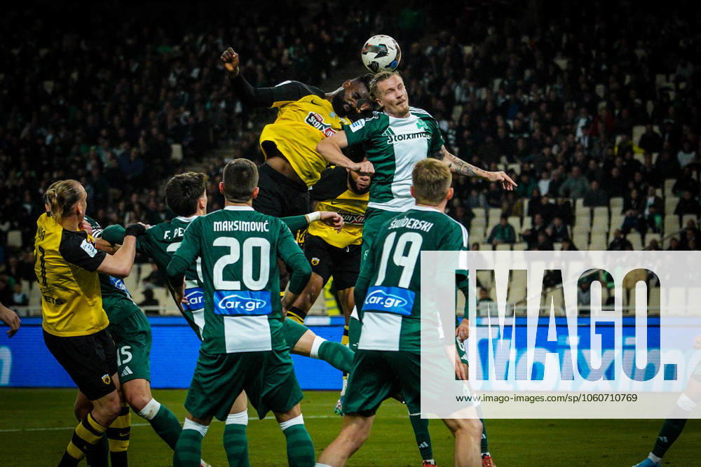 Panathinaikos V AEK Greek Superleague- Championship Round Matchday 2 Pierro and Tin Gendvai engage in an aerial duel during the Greek Super League Championship Round match between Panathinaikos and AEK Athens at the Olympic Stadium in Athens, Greece, on April 6, 2025. Athens Greece