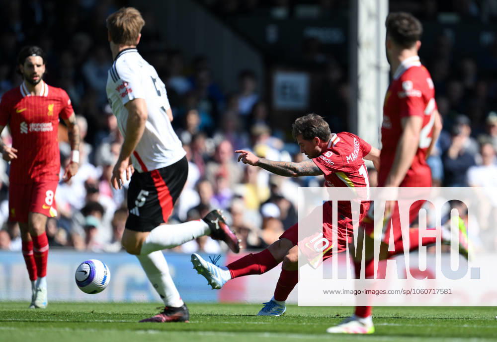 Football - 2024 2025 Premier League - Fulham vs Liverpool - Craven Cottage - Sunday 6th April 2025. Liverpool s Alexis Mac Allister scores his side s first goal. COLORSPORT Ashley Western