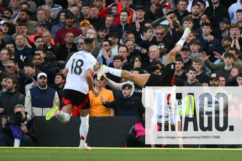 Football - 2024 2025 Premier League - Fulham vs Liverpool - Craven Cottage - Sunday 6th April 2025. Fulham s Rodrigo Muniz celebrates scoring his sides third goal. COLORSPORT Ashley Western