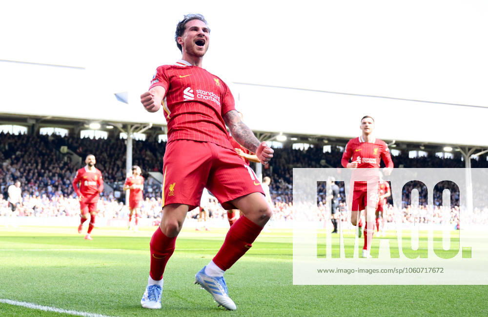 Football - 2024 2025 Premier League - Fulham vs Liverpool - Craven Cottage - Sunday 6th April 2025. Liverpool s Alexis Mac Allister celebrates scoring the opening goal. COLORSPORT Ashley Western