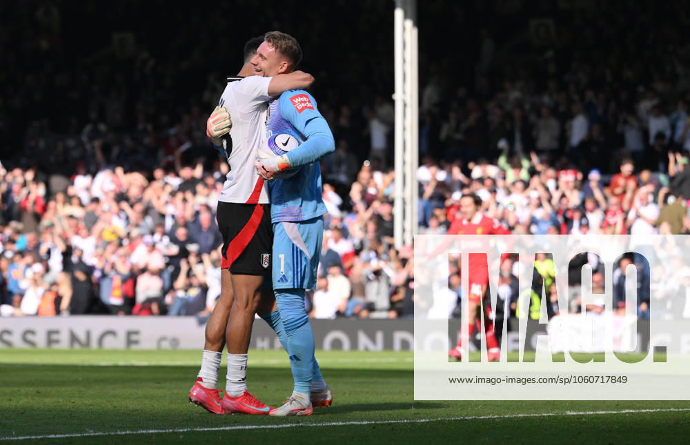 Football - 2024 2025 Premier League - Fulham vs Liverpool - Craven Cottage - Sunday 6th April 2025. Fulham s Bernd Leno with Antonee Robinson at the final whistle. COLORSPORT Ashley Western