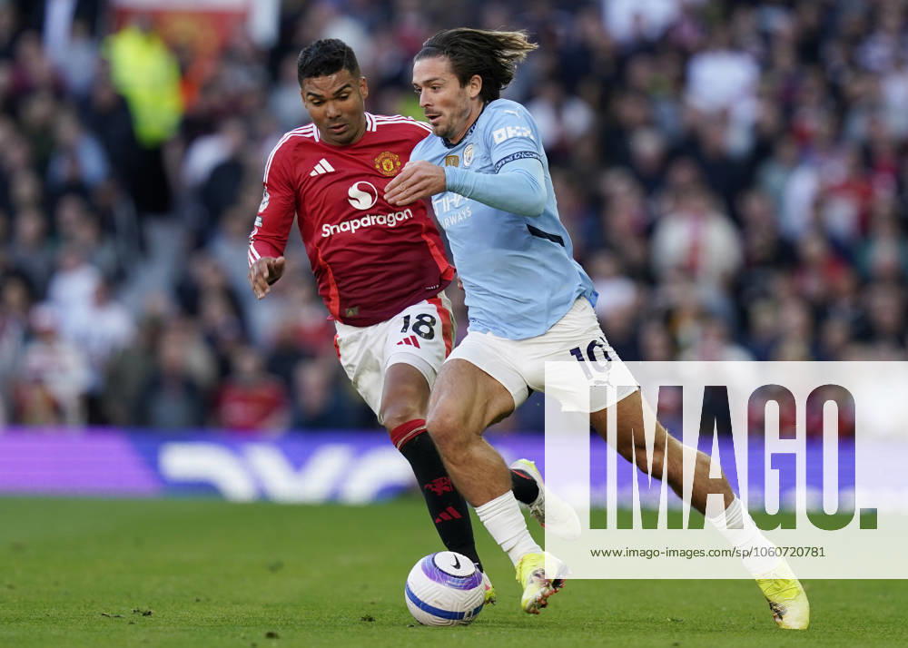 Manchester, England, 6th April 2025. Jack Grealish of Manchester City (R) is challenged by Casemiro of Manchester United, ManU during the Manchester United vs Manchester City Premier League match at Old Trafford, Manchester. Picture credit should read: Andrew Yates Sportimage . SPI_107_AY_United_City SPI-3814-0108