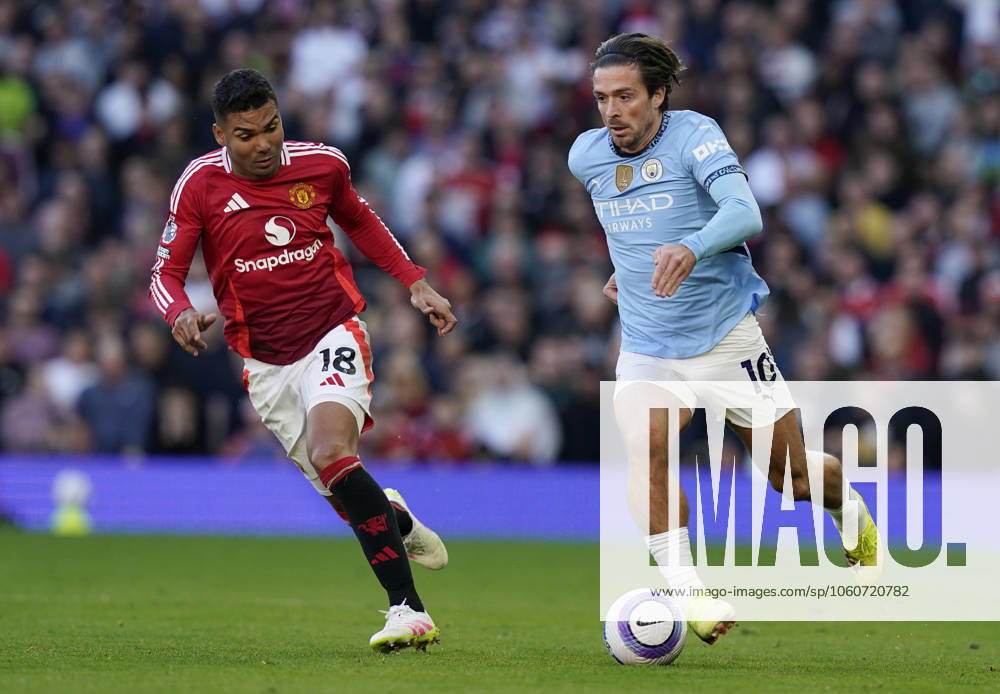 Manchester, England, 6th April 2025. Jack Grealish of Manchester City (R) is challenged by Casemiro of Manchester United, ManU during the Manchester United vs Manchester City Premier League match at Old Trafford, Manchester. Picture credit should read: Andrew Yates Sportimage . SPI_108_AY_United_City SPI-3814-0109