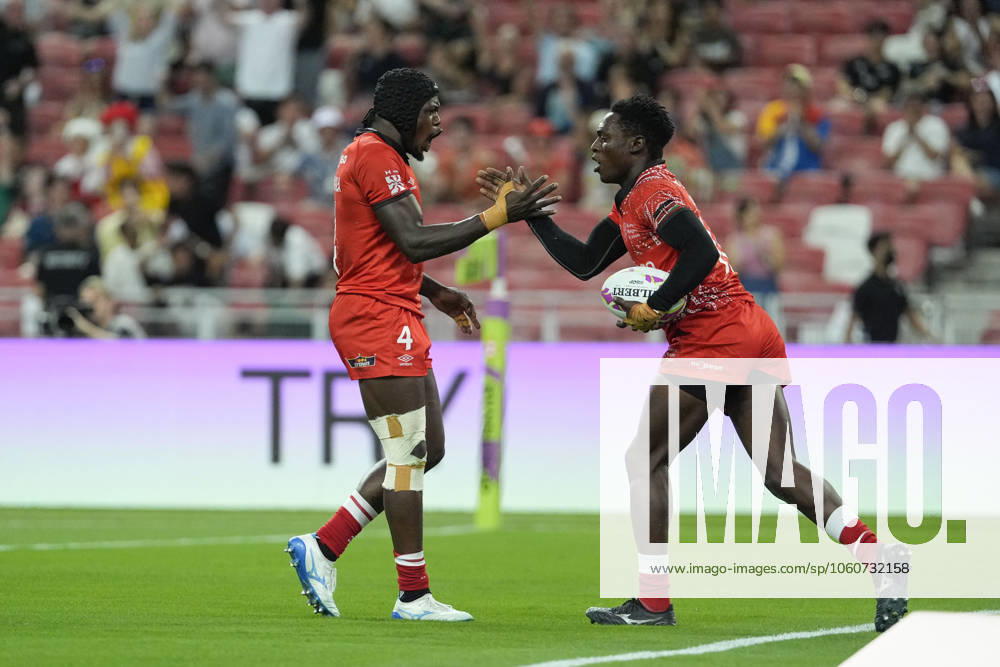 6th April 2025; Singapore National Stadium, Singapore; HSBC International Rugby Sevens Singapore Day 2; Vincent Onyala of Kenya celebrates with try scorer Nygel Pettersan Amaitsa during the HSBC Singapore 7& x2019;s Cup Final Fiji versus Kenya ActionPlus12771930 StevenxFlynn Content restricted for UK based newspaper