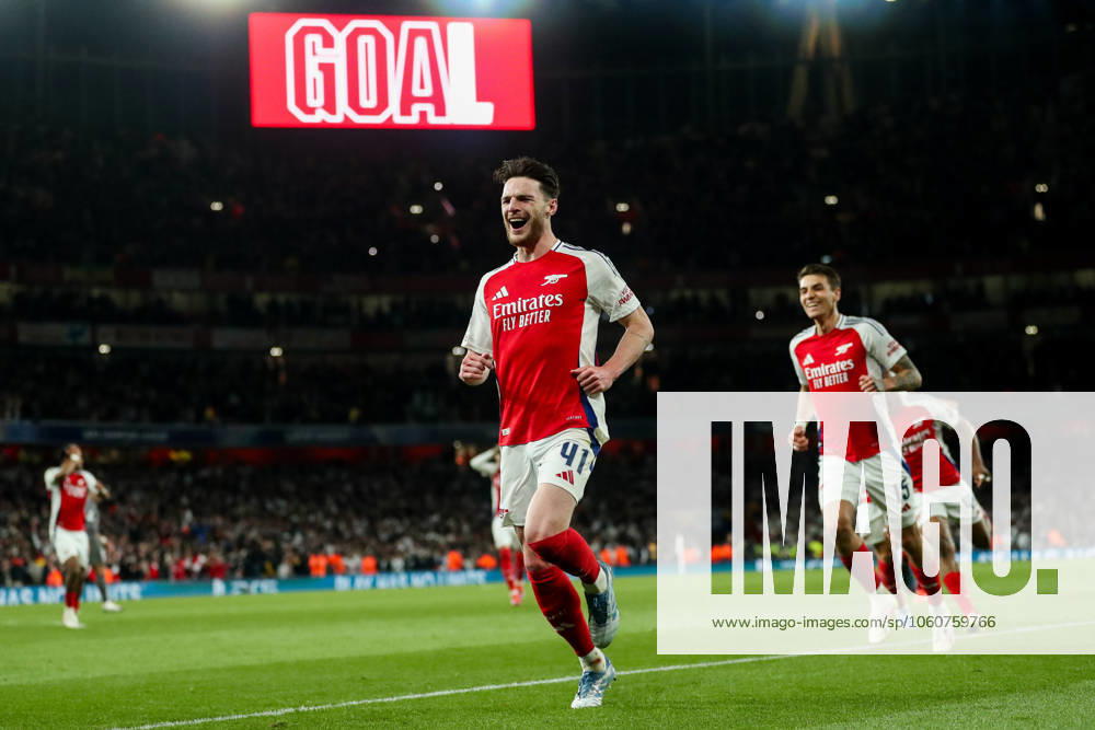 UEFA Champions League Quarter-finals Arsenal v Real Madrid Declan Rice of Arsenal celebrates his goal to make it 2-0 during the UEFA Champions League Quarter-finals match Arsenal vs Real Madrid at Emirates Stadium, London, United Kingdom, 8th April 2025 (Photo by Izzy Poles News Images) London Emirates Stadium Greater London United Kingdom