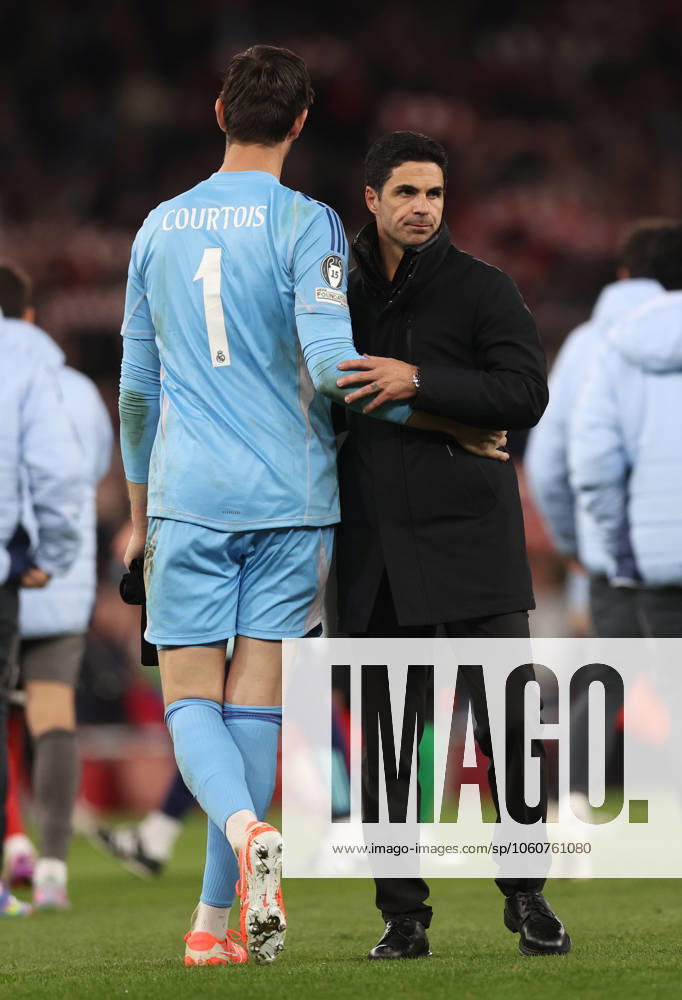 London, England, 8th April 2025. Mikel Arteta manager of Arsenal consoles Thibaut Courtois of Real Madrid during the Arsenal vs Real Madrid UEFA Champions League match at the Emirates Stadium, London. Picture credit should read: David Klein Sportimage . SPI_090_DK_Arsenal_Real_Madrid SPI-3819-0081