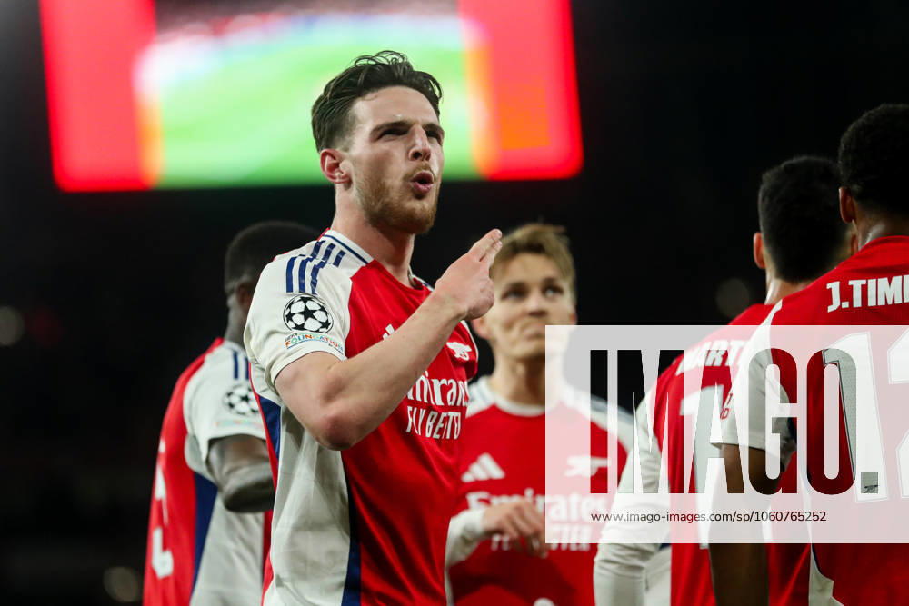 UEFA Champions League Quarter-finals Arsenal v Real Madrid Declan Rice of Arsenal celebrates his goal to make it 2-0 during the UEFA Champions League Quarter-finals match Arsenal vs Real Madrid at Emirates Stadium, London, United Kingdom, 8th April 2025 (Photo by Izzy Poles News Images) London Emirates Stadium Greater London United Kingdom