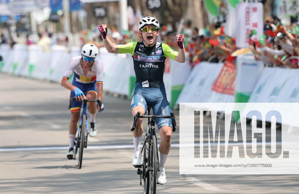 (250409) -- BAOTING, April 9, 2025 -- Kyrylo Tsarenko (R) of Solution Tech Vini Fantini celebrates winning Stage 3 at the 16th Tour of Hainan cycling race from Lingshui to Baoting, south China s Hainan Province, April 9, 2025. ) (SP)CHINA-HAINAN-BAOTING-CYCLING-TOUR OF HAINAN (CN) YangxGuanyu