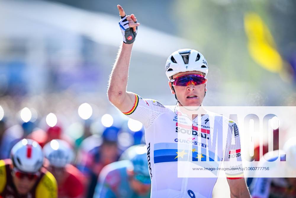 Belgian Tim Merlier of Soudal Quick-Step celebrates as he crosses the finish line to win the men s race of the 113th edition of the Scheldeprijs one day cycling event, 202,8 km from Terneuzen, the Netherlands to Schoten, Belgium on Wednesday 09 April 2025. ERICxLALMAND x120392604x