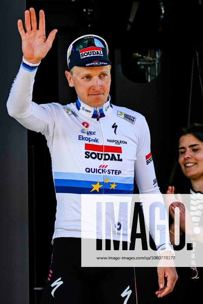 Belgian Tim Merlier of Soudal Quick-Step celebrates on the podium after winning the men s race of the 113th edition of the Scheldeprijs one day cycling event, 202,8 km from Terneuzen, the Netherlands to Schoten, Belgium on Wednesday 09 April 2025. TOM GOYVAERTS TomxGoyvaerts x120395600x