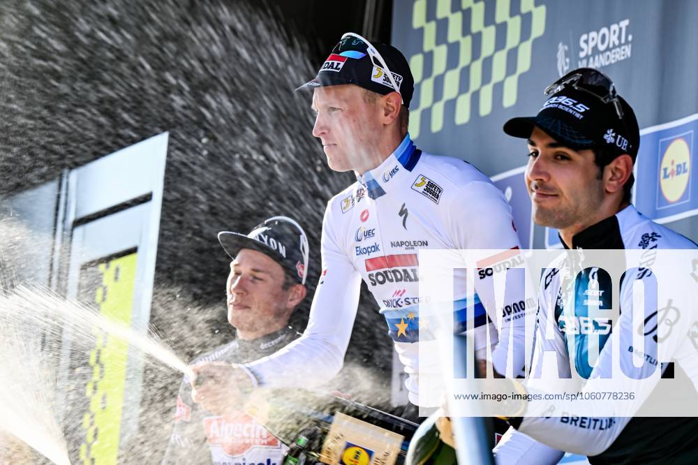 Belgian Tim Merlier of Soudal Quick-Step celebrates on the podium after winning the men s race of the 113th edition of the Scheldeprijs one day cycling event, 202,8 km from Terneuzen, the Netherlands to Schoten, Belgium on Wednesday 09 April 2025. ERICxLALMAND x120395921x