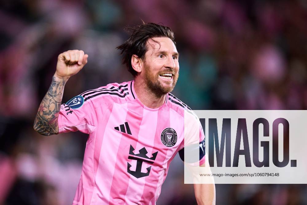 Concacaf Champions Cup 2025 Inter Miami vs Los Angeles FC - CFV Lionel Messi celebrates his goal 3-1 of Inter Miami during the Quarter Finals second leg match between Inter Miami and Los Angeles FC as part of the CONCACAF Champions Cup 2025, at Chase Stadium on April 09, 2025 in Fort Lauderdale, Miami, Florida, United States. FORT LAUDERDALE MIAMI FLORIDA UNITED STATES