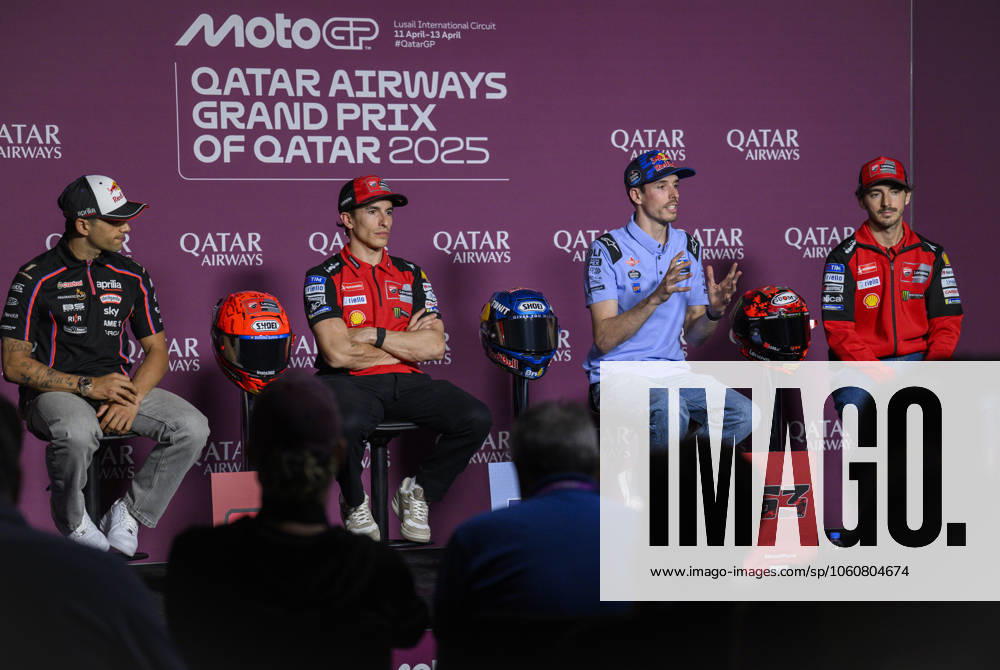 MotoGP Qatar 2025 ( L to R) Spanish MotoGP rider Jorge Martin of Aprilia Racing,Spanish MotoGP rider Marc Marquez of Ducati Lenovo Team, Spanish MotoGP rider Alex Marquez of BK8 Gresini Racing MotoGP and Italian MotoGP rider Francesco Bagnaia of Ducati Lenovo Team during the pre-event press conference, PK, Pressekonferenz ahead of the Qatar Airways Motorcycle Grand Prix of Qatar at Lusail International Circuit in Lusail, Qatar, on April 10, 2025. DOHA Qatar