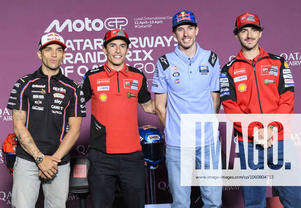 MotoGP Qatar 2025 ( L to R) Spanish MotoGP rider Jorge Martin of Aprilia Racing,Spanish MotoGP rider Marc Marquez of Ducati Lenovo Team, Spanish MotoGP rider Alex Marquez of BK8 Gresini Racing MotoGP and Italian MotoGP rider Francesco Bagnaia of Ducati Lenovo Team during the pre-event press conference, PK, Pressekonferenz ahead of the Qatar Airways Motorcycle Grand Prix of Qatar at Lusail International Circuit in Lusail, Qatar, on April 10, 2025. DOHA Qatar