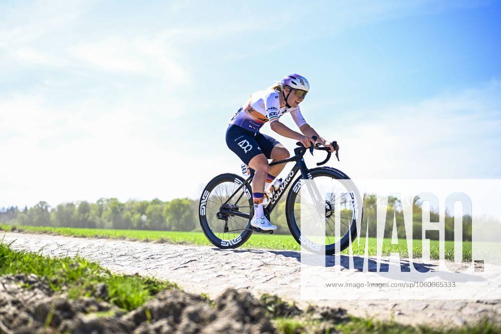 Irish Lara Gillespie of UAE Team ADQ pictured in action during the women s race of the Paris-Roubaix one day cycling race, 148,5 km from Denain to Roubaix, France, on Saturday 12 April 2025. JASPERxJACOBS x120616861x