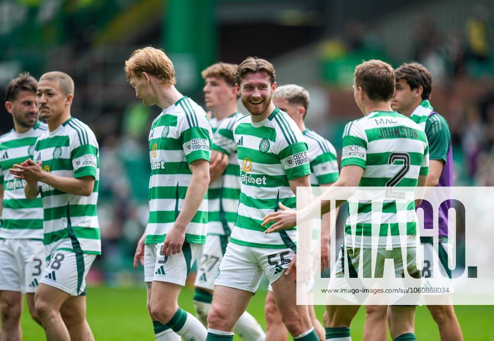 Anthony Ralston of Celtic, who scored Celtic s 5th goal shares a laugh with team mate Alistair Johnston of Celtic at full-time. Final score Celtic 5 Kilmarnock 1. Celtic v Kilmarnock, William Hill Premiership, Football, Celtic Park, Glasgow, Scotland, UK - 12 Apr 2025